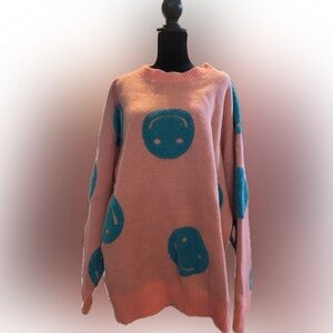 Fantastic fawn pink and teal smiley oversized sweater.
